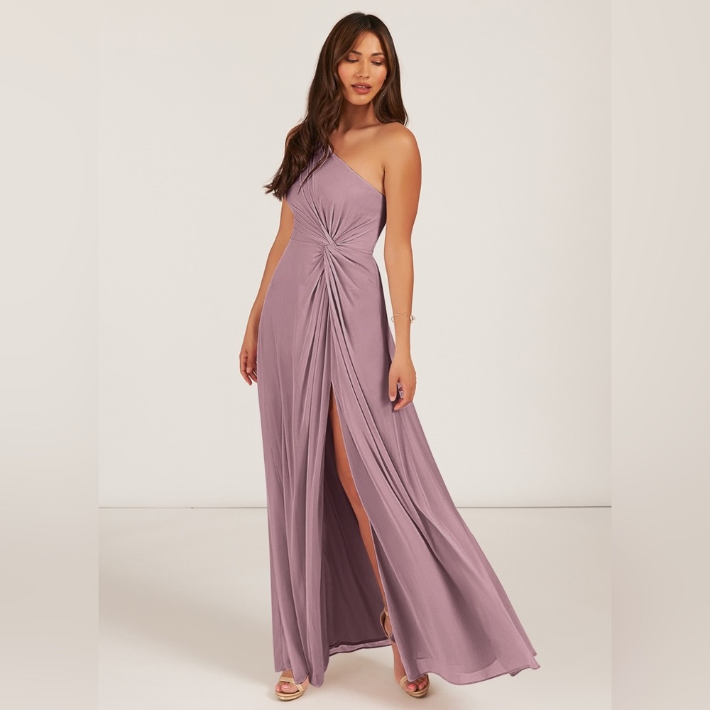 A Line One Shoulder Mesh Floor-Length Dress Dusty Rose Bridesmaids Dress Purple